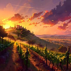 A Vineyard on a hill at sunset vineyard outdoors nature. 