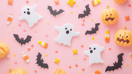 Adorable pastel Halloween card with friendly ghosts and bats, surrounded by candy corn and stars, on a soft pastel pink background.