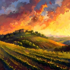 Naklejka premium A Vineyard on a hill at sunset vineyard outdoors nature. 