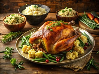 Golden roasted turkey surrounded by crispy stuffing, fluffy mashed potatoes, and steaming green beans on a rustic wooden table.