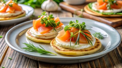 A delicate, hand-painted plate provides a vibrant backdrop for a towering arrangement of smoked salmon blini, cream, and fresh herbs.
