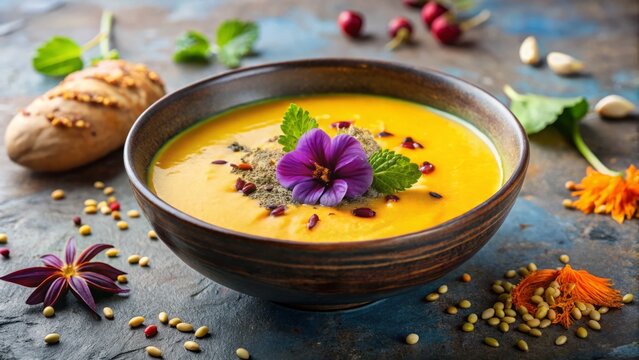 Mulligatawny Soup garnished with a delicate, edible flower and a sprinkle of toasted cumin seeds, set against a soft, creamy background.