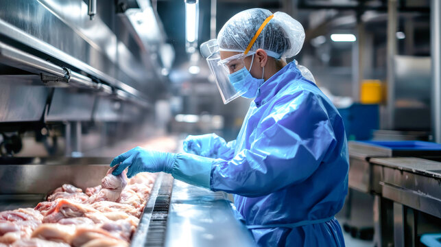 Dressed in blue protective clothing and gloves, a worker skillfully cuts chicken meat at a busy meat processing facility, showcasing industrial precision