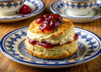 A delicate china plate balances a single, perfectly baked scone, topped with an artful swirl of golden cream and a sprinkle of crimson jam.