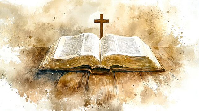 Soft watercolor splashes envelop an open Bible with a cross, resting gently on a wooden table illuminated by warm sunlight and delicate shadows