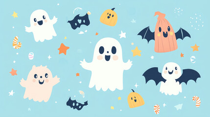 Adorable Halloween card featuring cute monsters and ghosts, on a soft pastel blue background with stars and candy.