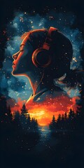 Obraz premium A young woman with headphones on, lost in thought as the sun sets over a forest, creating a beautiful and surreal landscape.
