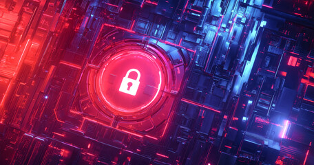 A vibrant digital landscape showcases a padlock symbol, representing modern cybersecurity and data protection within a complex technological framework