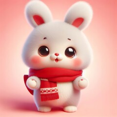 cute 3d fluffy Vietnamese style rabbit teddy bear character with red scarf