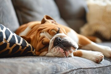 A bulldog napping comfortably on a couch, embodying tranquility and cuteness in its restful pose. A sleepy bulldog snoring on the couch, AI generated