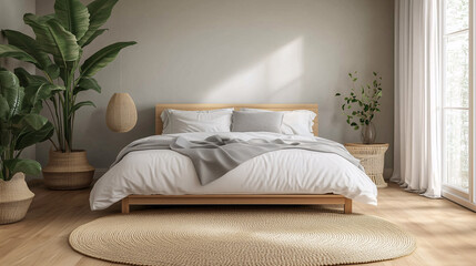 A Scandinavian bedroom featuring a light wood bed frame, white and gray bedding, and a large jute rug on a hardwood floor