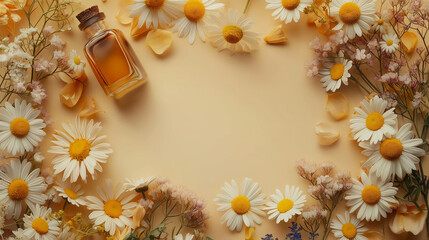 Bottle of essential oil surrounded by daisies and delicate flowers on a soft yellow background