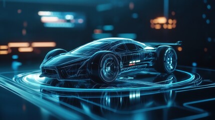Obraz premium Futuristic Sports Car Hologram 3D Render, Blue Neon Lights, Technology Concept