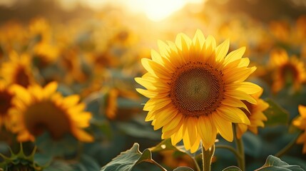 Obraz premium A single sunflower stands out in a field of blooming sunflowers.