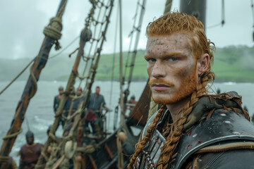 Viking warrior with braided hair standing on a ship with fellow warriors in the background