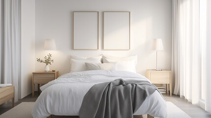 A Scandinavian bedroom featuring a simple bed with white linens, a soft gray throw blanket, and light wood nightstands with matching lamps