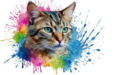 Vibrant watercolor cat clip art with splashing paint on a transparent background..