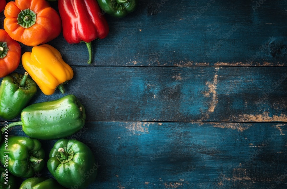 Sticker Colorful Peppers on Blue Wooden Background