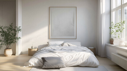 Fototapeta premium A Scandinavian bedroom with a minimalist approach, featuring white bedding, a soft gray throw pillow, and a single framed art piece on the wall