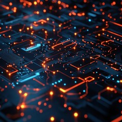 Abstract Circuit Board with Glowing Orange and Blue Lines, Technology Background.