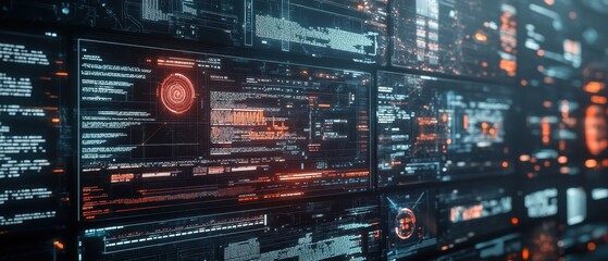 Obraz premium Futuristic Digital Interface with Code and Data Displayed on Multiple Screens, Cyberpunk Style
