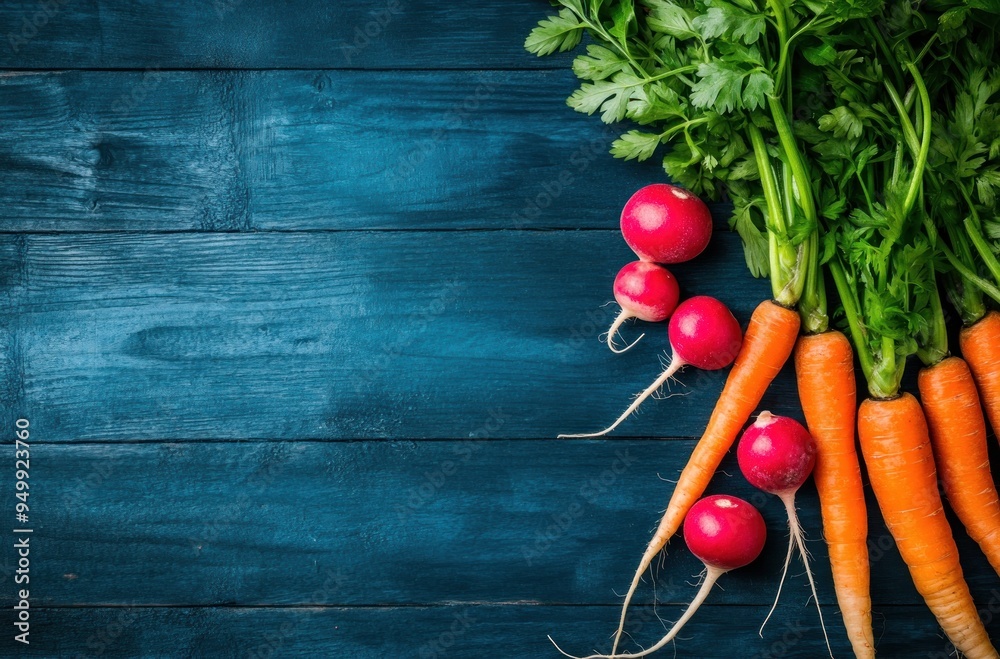 Sticker Fresh Vegetables on a Blue Wooden Background