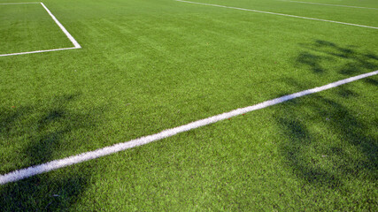 Obraz premium Artificial football turf with a white dividing line. Texture of Perfect green lawn on the football field. 
