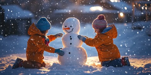Two children are making a snowman in the snow at night