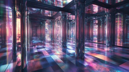 Fototapeta premium Abstract Hallway with Holographic Columns and Iridescent Floor.