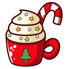 Christmas Mug With Hot Drink and Whipped Cream SVG PNG. Red Mug of Hot Chocolate, Christmas Beverage with Candy Cane and Star Topping.