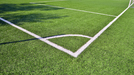 Obraz premium Artificial football turf with a white dividing line. Texture of Perfect green lawn on the football field. 