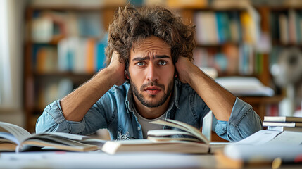Stressed student overwhelmed by books in a library during study session