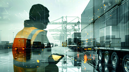A logistics worker in a reflective vest checks a tablet amidst a busy container yard, with cranes and geometric patterns enhancing the atmosphere