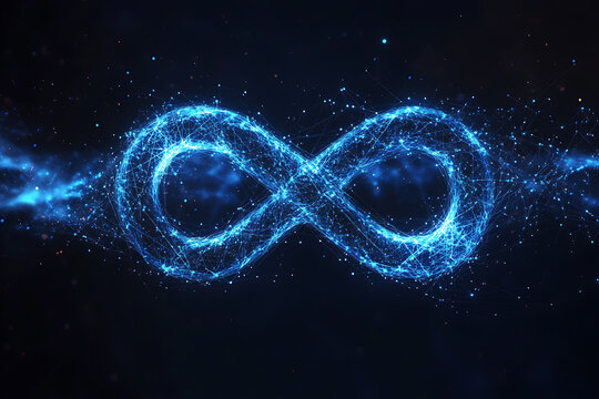 An abstract digital background banner featuring an infinity sign, intricately connected with data streams in blue and black colors