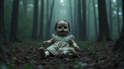 Creepy baby doll in a dark foggy forest setting