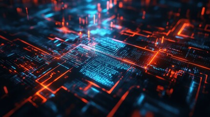 Obraz premium Abstract Digital Circuit Board with Glowing Lines in Red and Blue - Futuristic Technology Background.