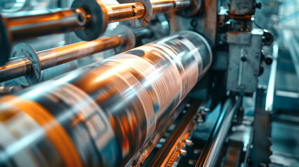 Newspaper rolls rapidly move through a high-speed printing press, showcasing the industrial process of printing with dynamic motion and vibrant colors