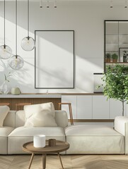 Modern living room with sofa and kitchen connected home interior