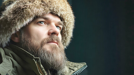 A bearded man in a warm fur hat gazes thoughtfully into the distance, showcasing the essence of winter style and rustic allure in a cozy, inviting atmosphere