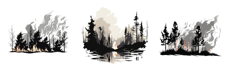 Obraz premium Forest fire scenes with burning trees and smoke, vector illustration. Three different depictions of wildfires in dense vegetation.