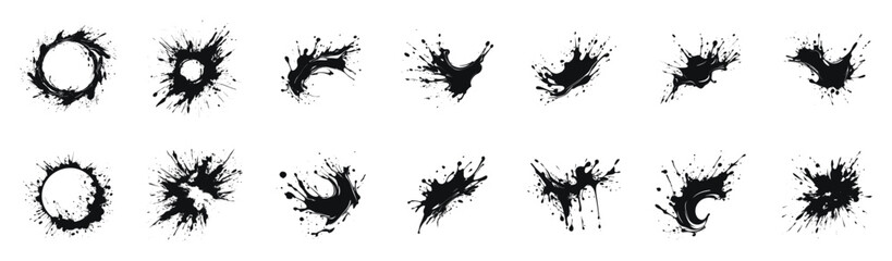 Set of ink splatter designs in different shapes and patterns, vector illustration. Black and white collection of dynamic ink splashes.