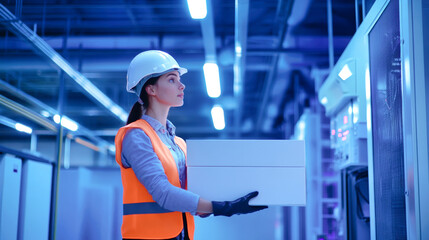 Obraz premium A woman in a helmet and vest carefully carries a white box through a bright blue warehouse featuring advanced temperature monitoring and control systems