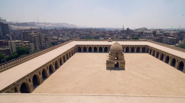 Panoramic View Of The Second Oldest Mosque Of Ibn Tulun In Cairo, Egypt. Aerial Shot