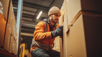 A warehouse worker wearing a beanie, gloves, and an orange vest, is kneeling and checking boxes on a shelf.