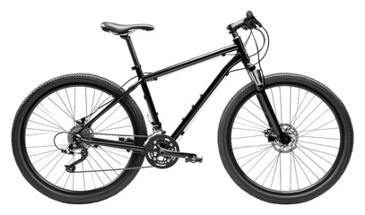 Black mountain bike on display in a studio setting isolated on transparent background