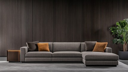 Fototapeta premium A stylish living area featuring a gray sectional sofa, wooden floor, and a sleek coffee table set against striking concrete walls in a minimalist design