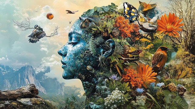 A collage depicting the interconnectedness of all living things, featuring images of plants, animals, and humans coexisting in harmony.