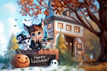 Cartoonish scene of a boy and two dogs sitting on a wooden sign that says Happy Halloween