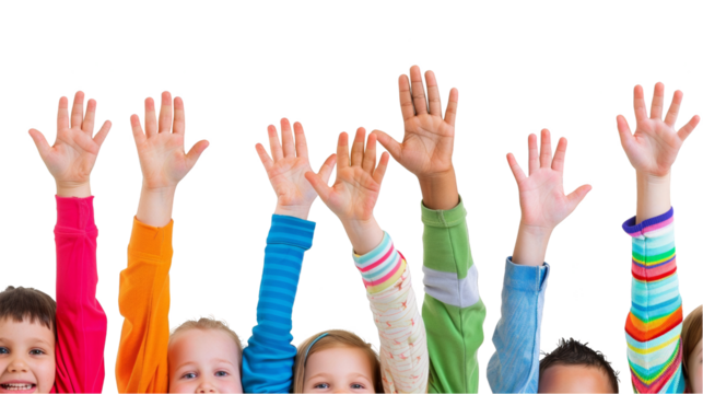 Enthusiastic Children's Hands Raised in Classroom Setting - Powered by Adobe