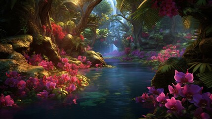 Fototapeta premium Tranquil Tropical Forest River with Waterfall and Lush Greenery